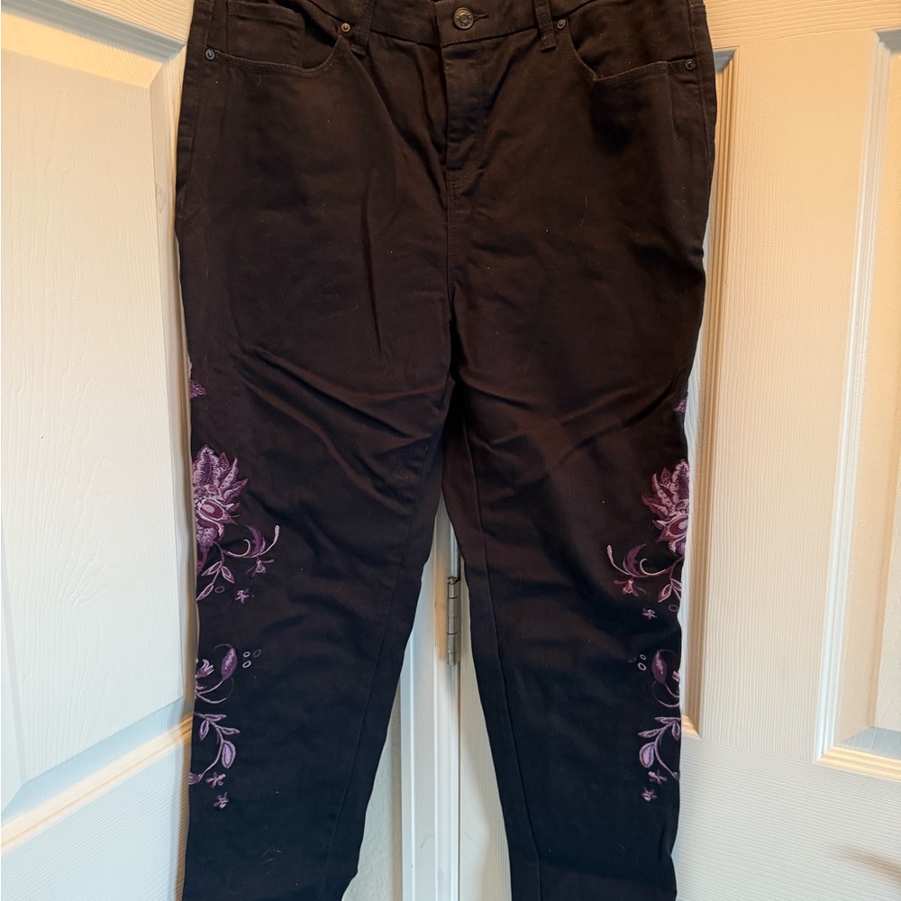 Chico's Black Jeans with Purple Embroidery